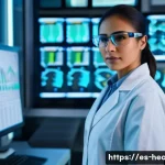 보건학과 유전자 편집 연구 - A futuristic laboratory scene illustrating a Hispanic female geneticist in her 30s wearing professio...