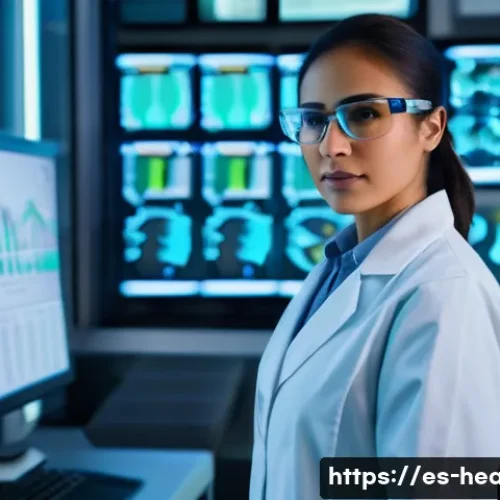 보건학과 유전자 편집 연구 - A futuristic laboratory scene illustrating a Hispanic female geneticist in her 30s wearing professio...