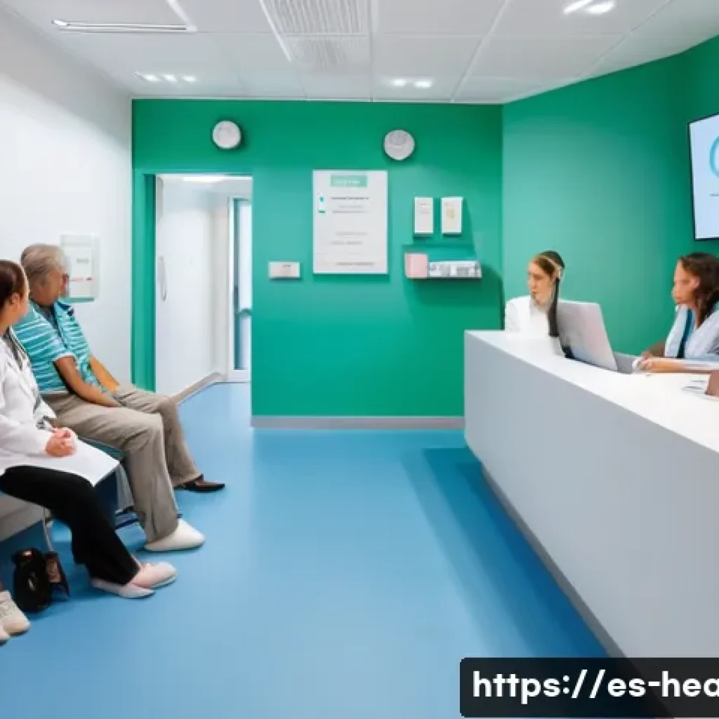 보건학과 의료서비스 품질 평가 - A modern medical clinic reception area in Spain, showing a diverse group of patients waiting comfort...