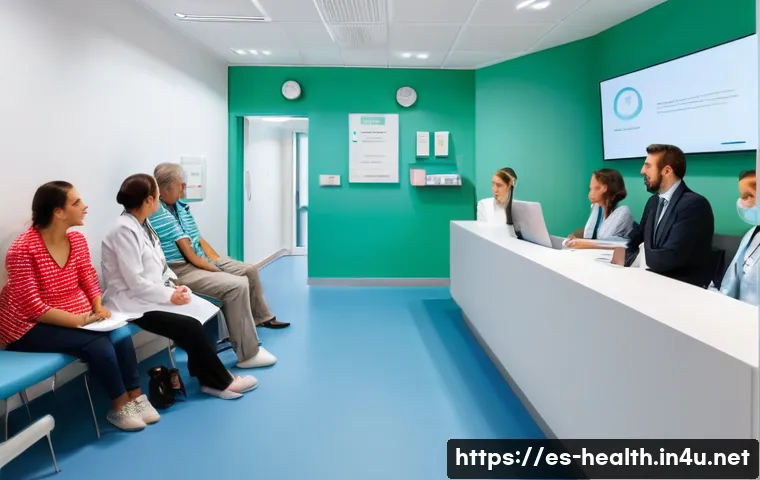 보건학과 의료서비스 품질 평가 - A modern medical clinic reception area in Spain, showing a diverse group of patients waiting comfort...