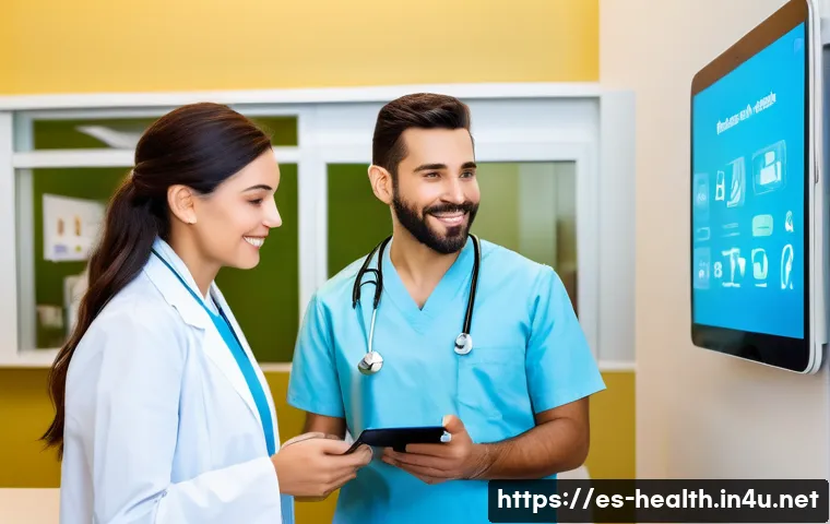 보건학과 지속 가능한 건강 시스템 - A modern healthcare clinic in a Spanish-speaking community, featuring doctors and nurses using weara...
