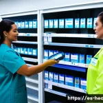 보건학과 의료 서비스 공급망 관리 - A modern hospital supply room featuring organized shelves with labeled medical supplies, refrigerate...