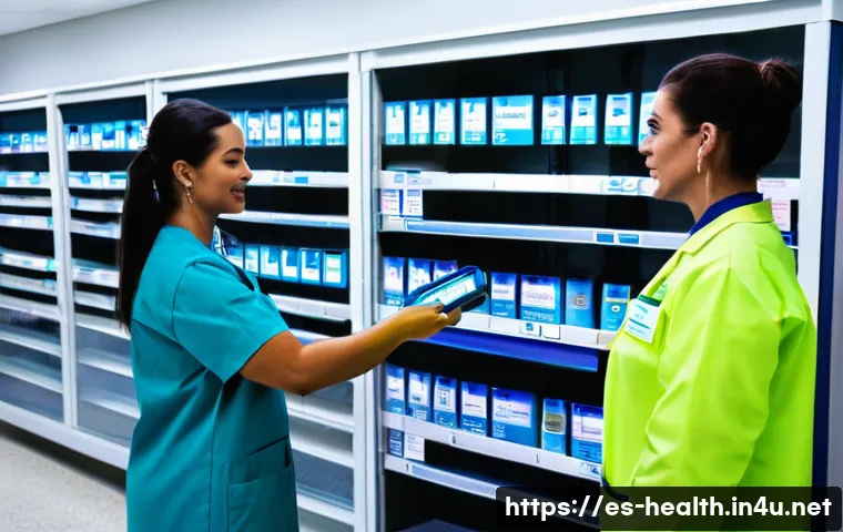보건학과 의료 서비스 공급망 관리 - A modern hospital supply room featuring organized shelves with labeled medical supplies, refrigerate...