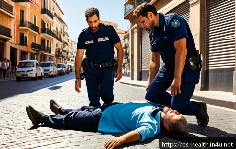보건학과 응급처치 - A detailed scene showing a calm and composed emergency responder assessing the consciousness of an u...