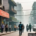 보건학과 환경 요인과 질병 - A detailed urban street scene in a Latin American city during a smoggy afternoon, showing diverse pe...