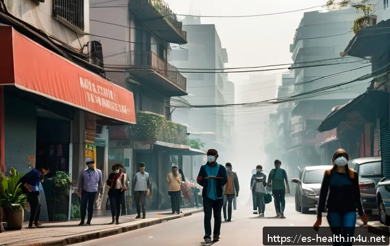 보건학과 환경 요인과 질병 - A detailed urban street scene in a Latin American city during a smoggy afternoon, showing diverse pe...